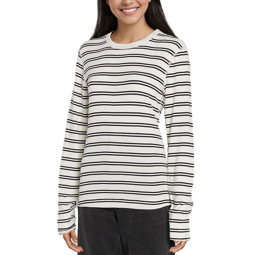 Three Dots Womens Crew-Neck Long Sleeve Tee XL Egret Black Beauty Stripe - NWT